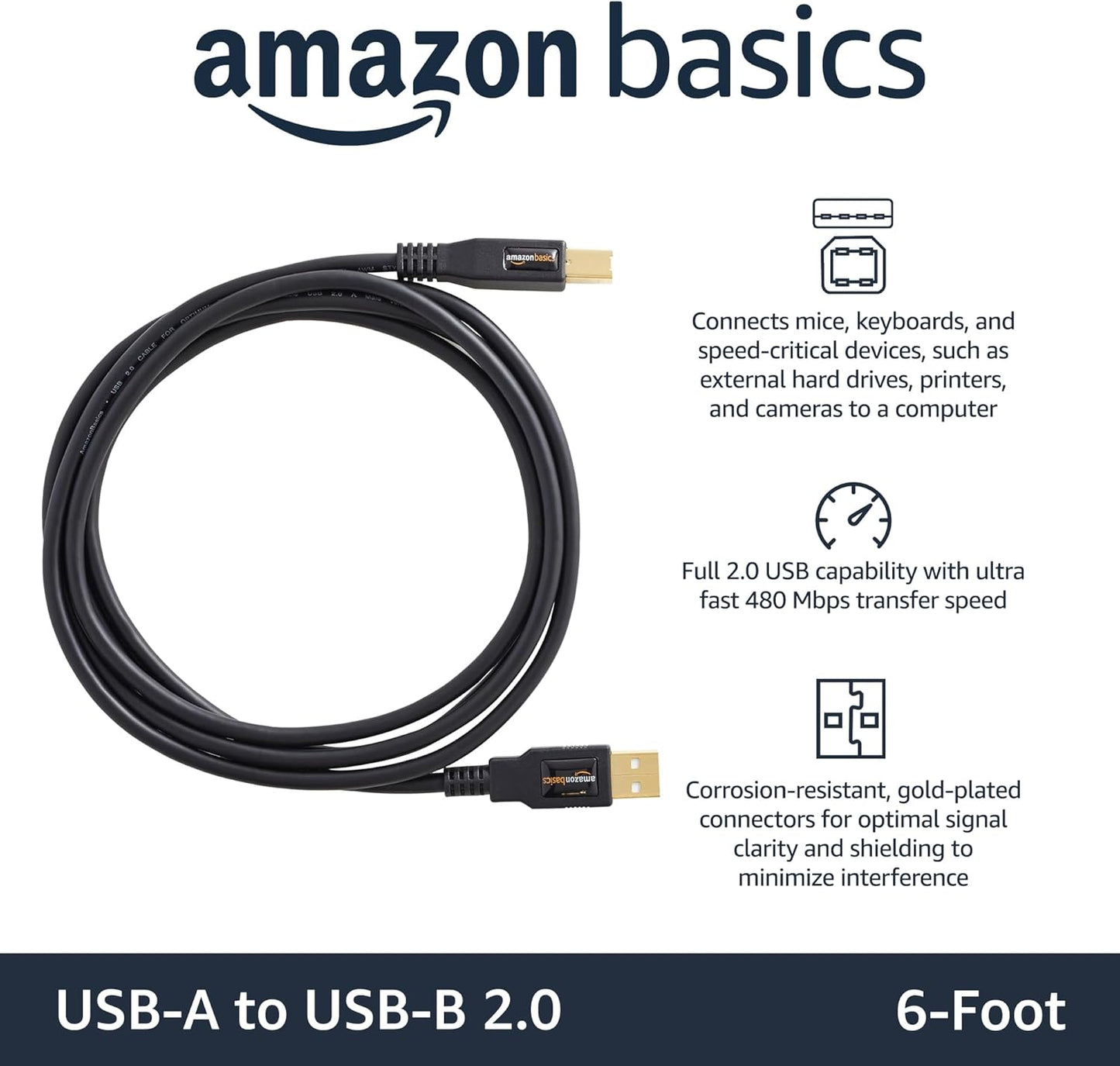 USB 2.0 Cable, USB-A to USB-B, 6 Feet, 480 Mbps Transfer Speed, Gold-Plated Connectors, Compatible with Printers and External Hard Drives, Black
