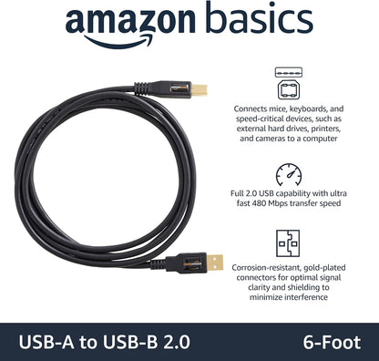 USB 2.0 Cable, USB-A to USB-B, 6 Feet, 480 Mbps Transfer Speed, Gold-Plated Connectors, Compatible with Printers and External Hard Drives, Black