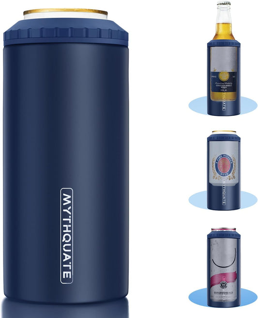 3-in-1 Insulated Stainless Steel Can Cooler for 12 oz Skinny Cans, Regular Cans, and Beer Bottles - Keeps Beverages Cold for Up to 6 Hours (Navy Blue)