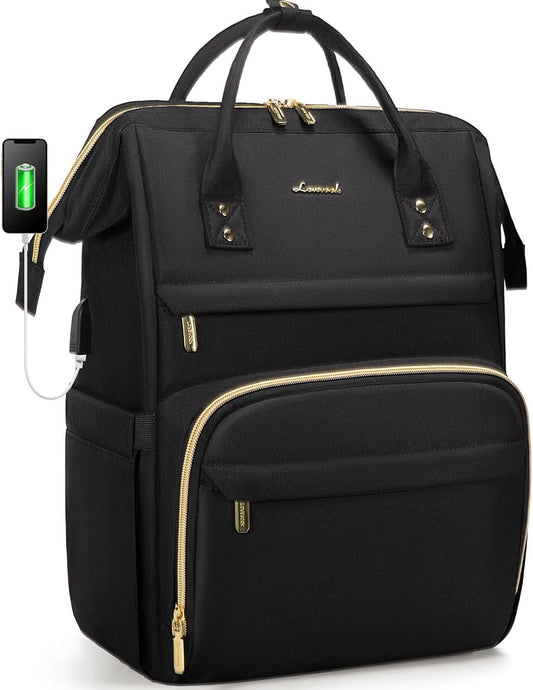 Professional Women's Laptop Backpack, 15.6-Inch Work Bag for Teachers and Nurses, Waterproof Anti-Theft Travel Backpack with USB Charging Port, Black