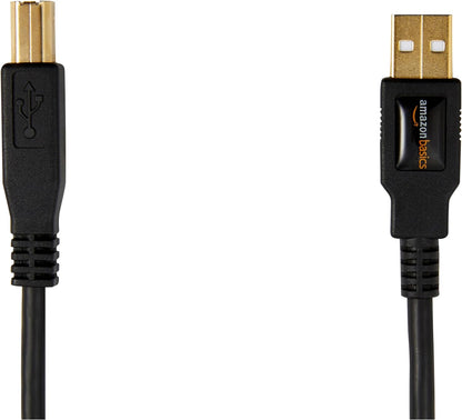 USB 2.0 Cable, USB-A to USB-B, 6 Feet, 480 Mbps Transfer Speed, Gold-Plated Connectors, Compatible with Printers and External Hard Drives, Black