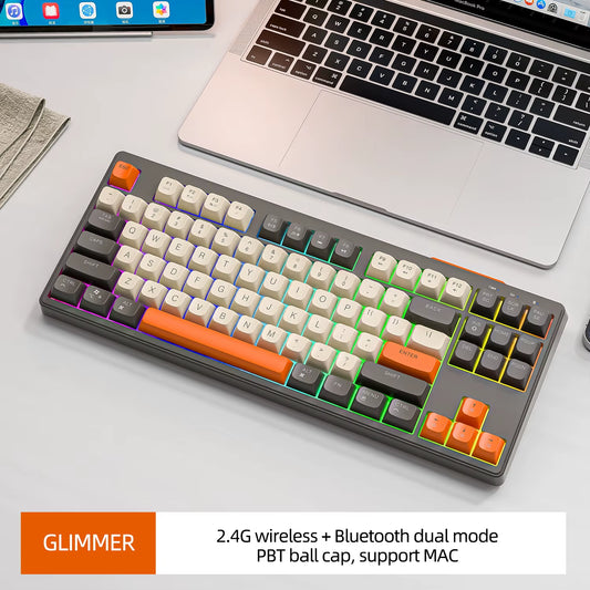M87 Dual Mode Bluetooth Wireless Gaming Keyboard, 87 Keys with RGB Rainbow Lighting and PBT Keycaps for Silent Office and Gaming Use