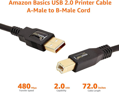 USB 2.0 Cable, USB-A to USB-B, 6 Feet, 480 Mbps Transfer Speed, Gold-Plated Connectors, Compatible with Printers and External Hard Drives, Black